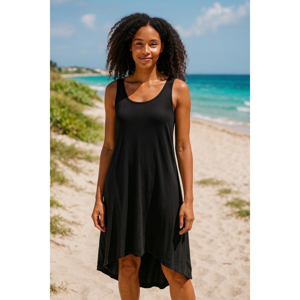 Eileen‎ Fisher Silk Modal Layered Black Hi-Low Tank Dress MED Minimalist Resort